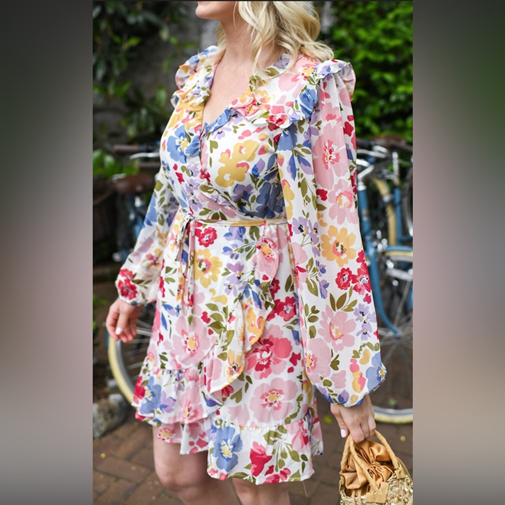 EN SAISON Floral Ruffle Wrap Dress S | Romantic Summer Dress